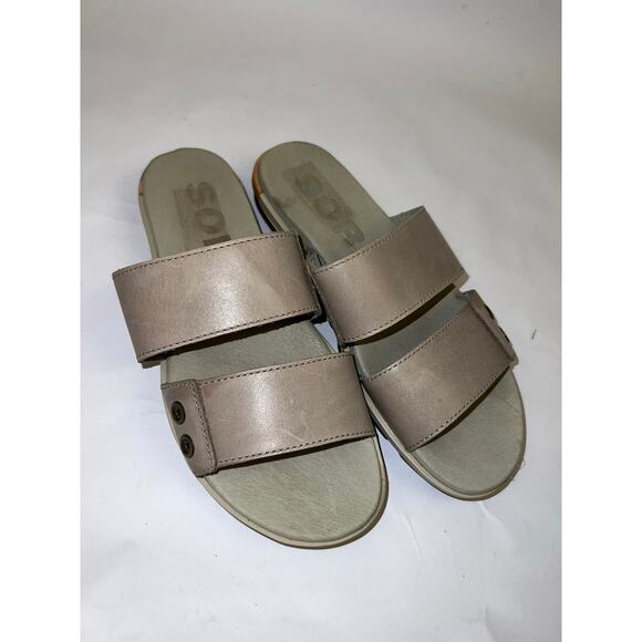 Sorel, NL2937-005 Torpeda Slide Leather Slides, Taupe, Slip-On Comfort Sandals - Picture 2 of 14